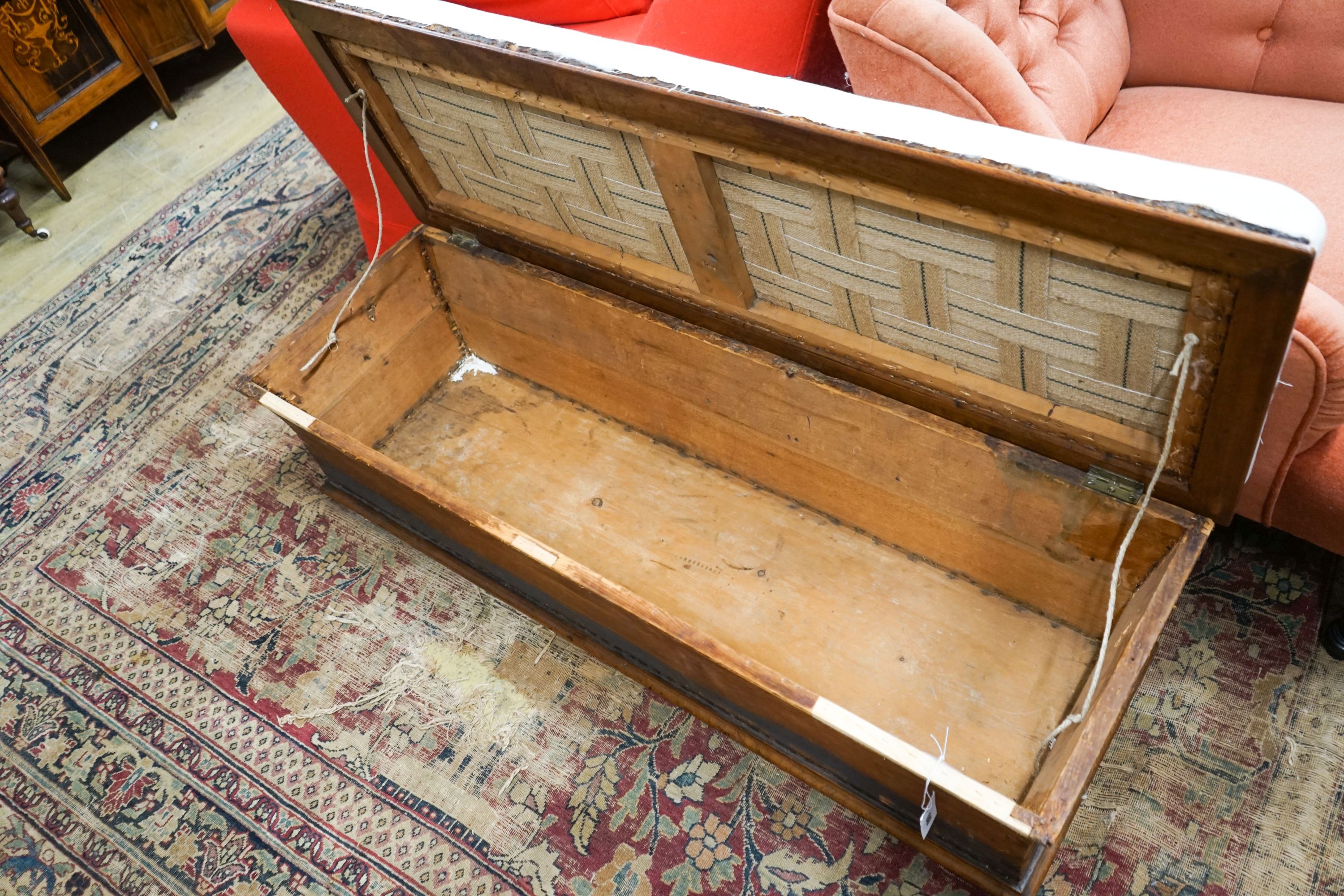 A Victorian pine and mahogany part-upholstered ottoman, length 120cm, depth 40cm, height 36cm